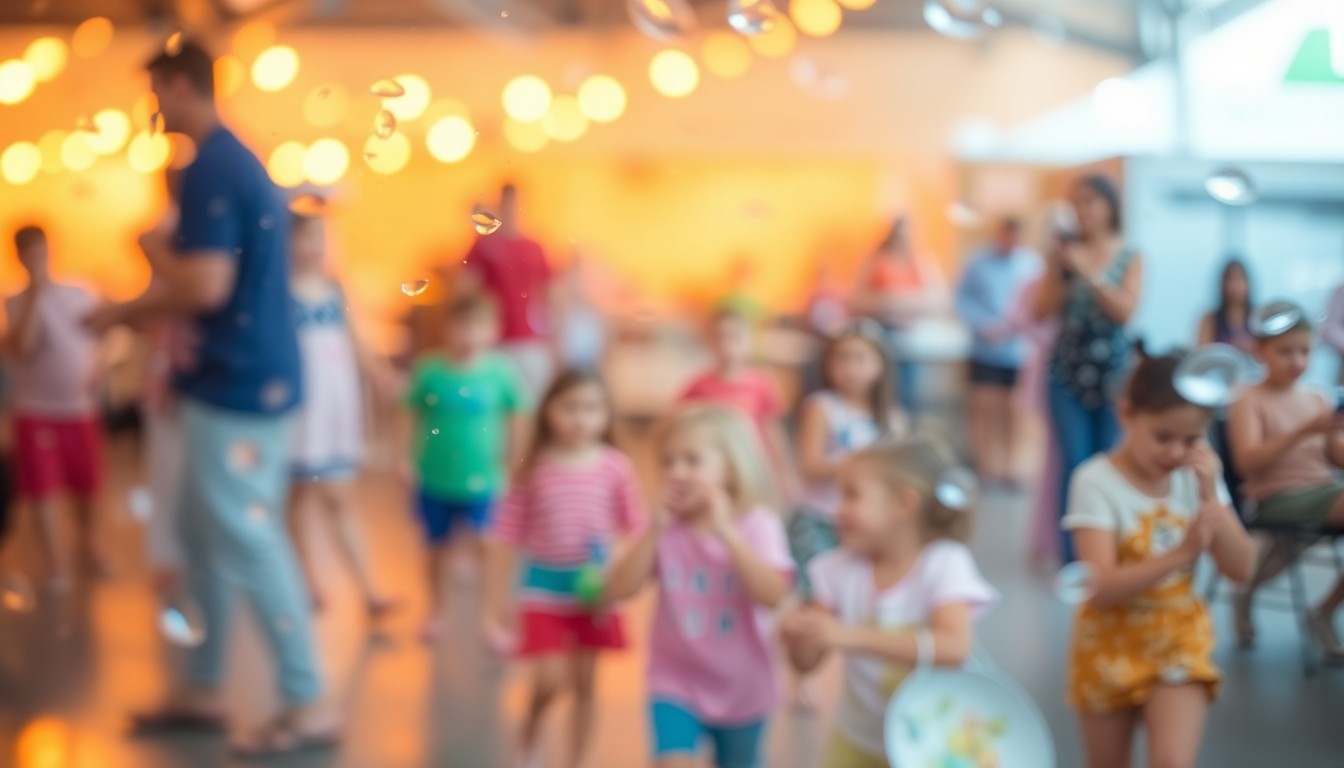 An abstract, impressionistic photograph showing blurred figures of people playing and interacting at a lively community event, with the scene rendered in soft, warm tones and hazy, out-of-focus details.