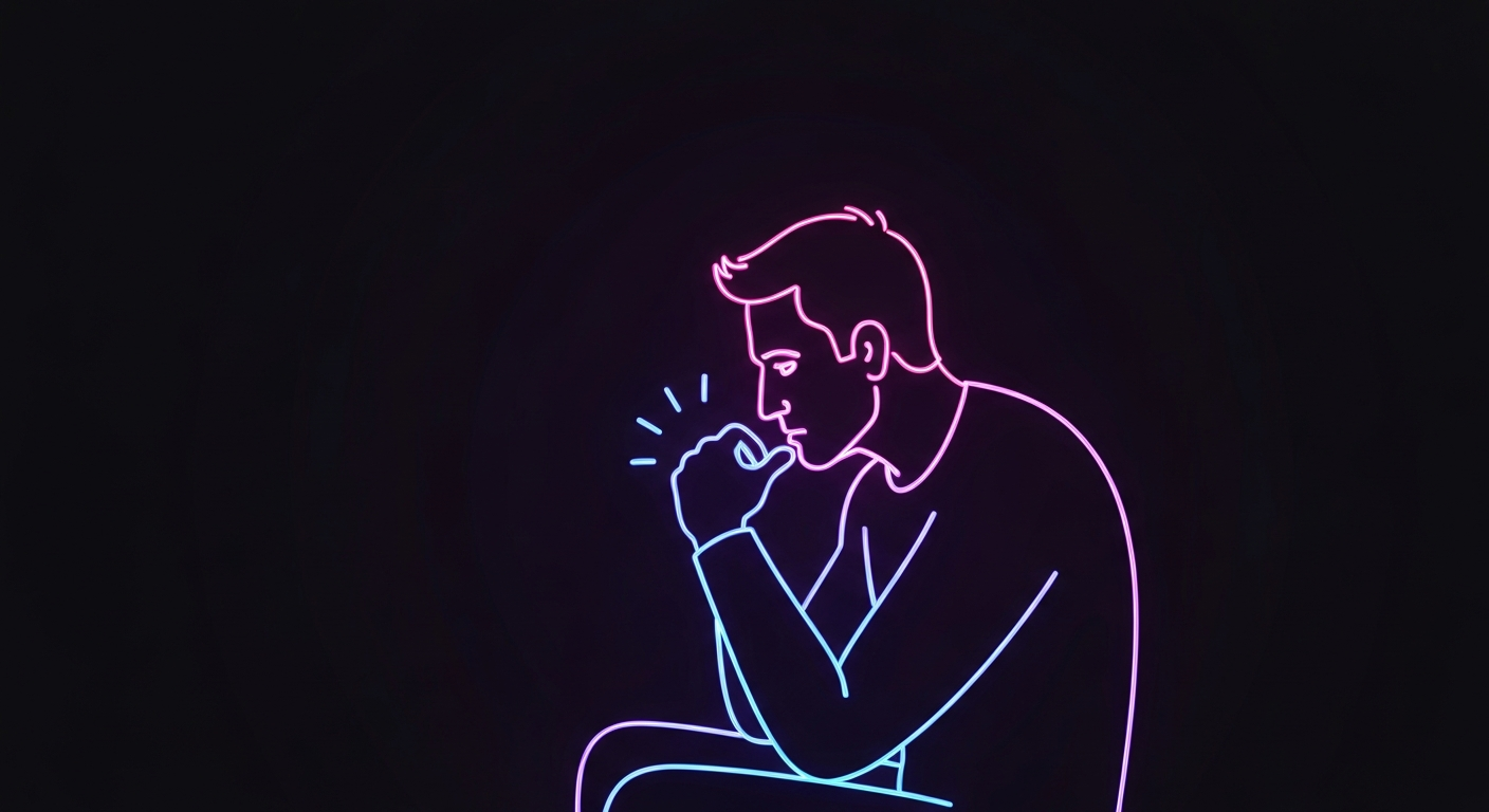 A minimalist, neon-outlined illustration of a man in a thoughtful pose, representing the emotional and psychological aspects of modern masculinity.