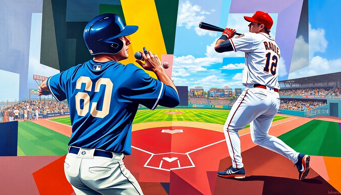 A cubist, geometric painting depicting a baseball game between the San Diego Padres and Colorado Rockies, with the players' movements and actions broken down into abstract shapes and planes of vibrant colors.