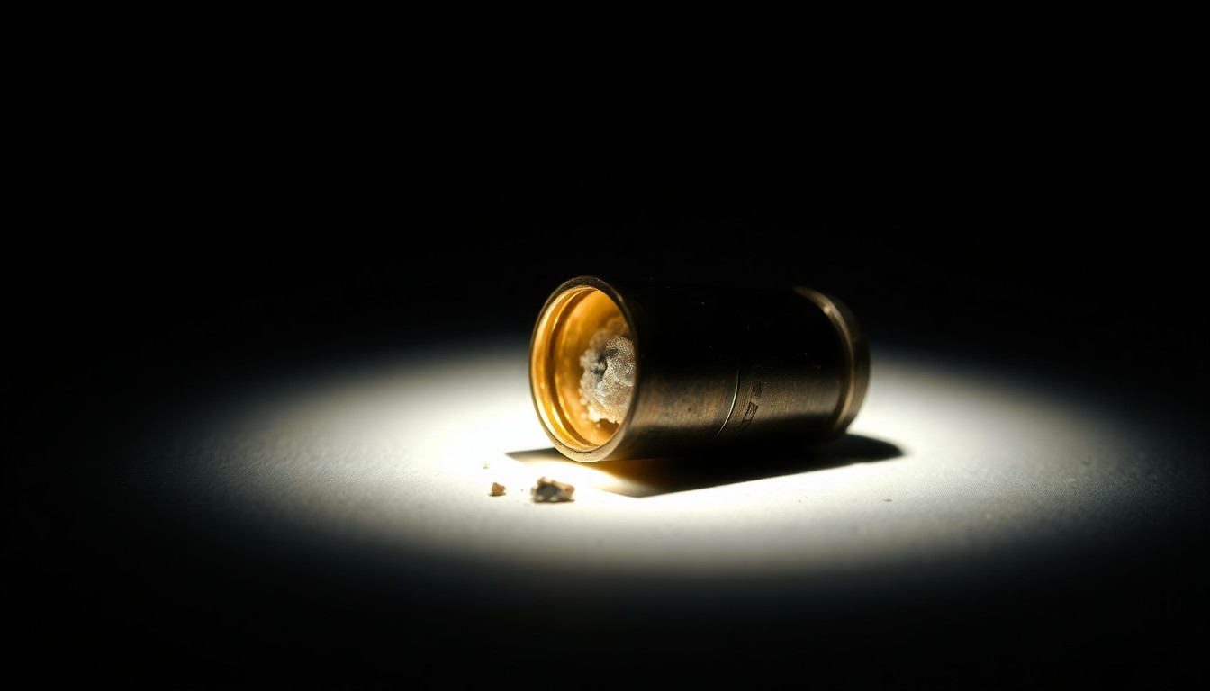 An extreme close-up of a metallic bullet fragment or spent shell casing, dramatically lit by a harsh camera flash against a black background, conveying the serious, investigative nature of this crime story.