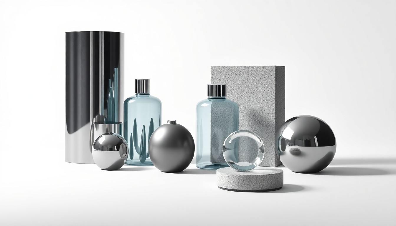 A minimalist studio still life featuring a collection of sleek, geometric objects made from polished metal, glass, and concrete, arranged elegantly on a clean, monochromatic background to represent the abstract concepts of corporate sustainability and environmental impact.