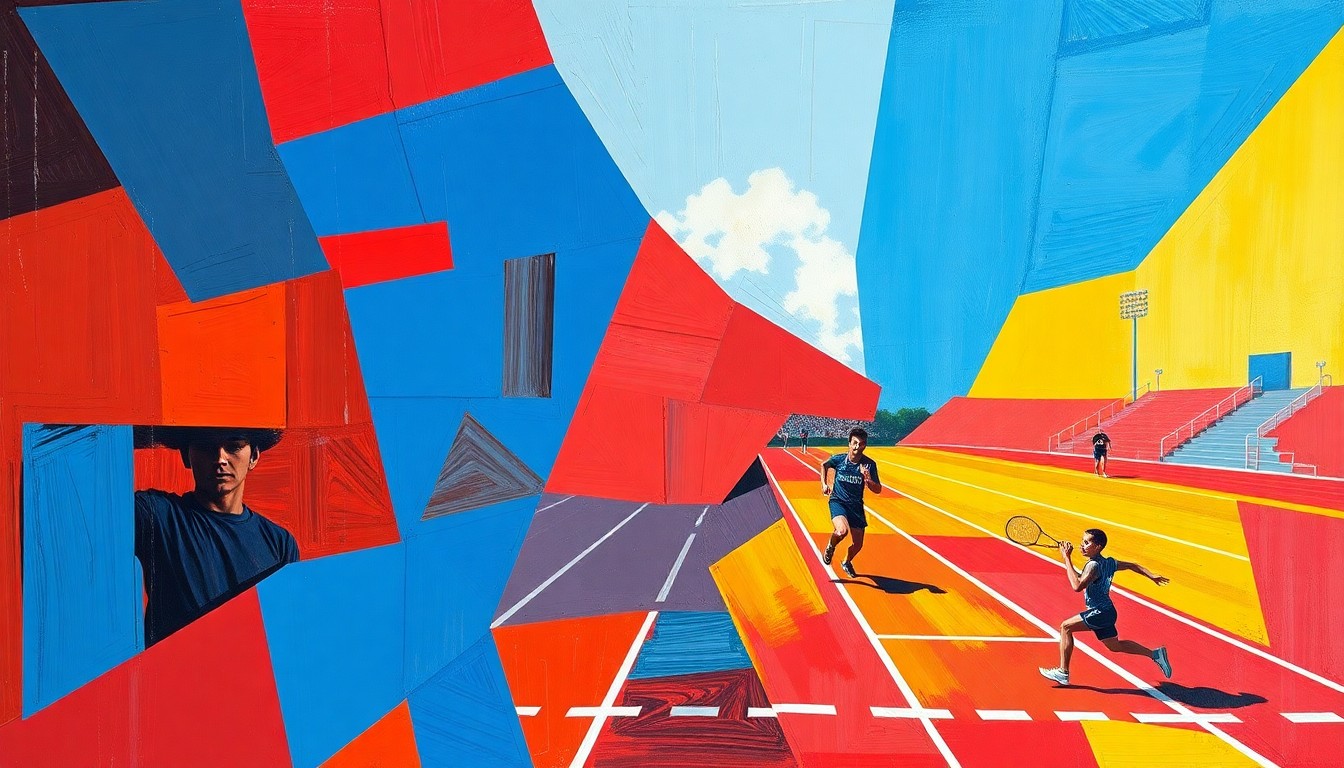 A cubist-style painting featuring overlapping geometric shapes in bright primary colors, representing the motion and intensity of a high school track and field competition.