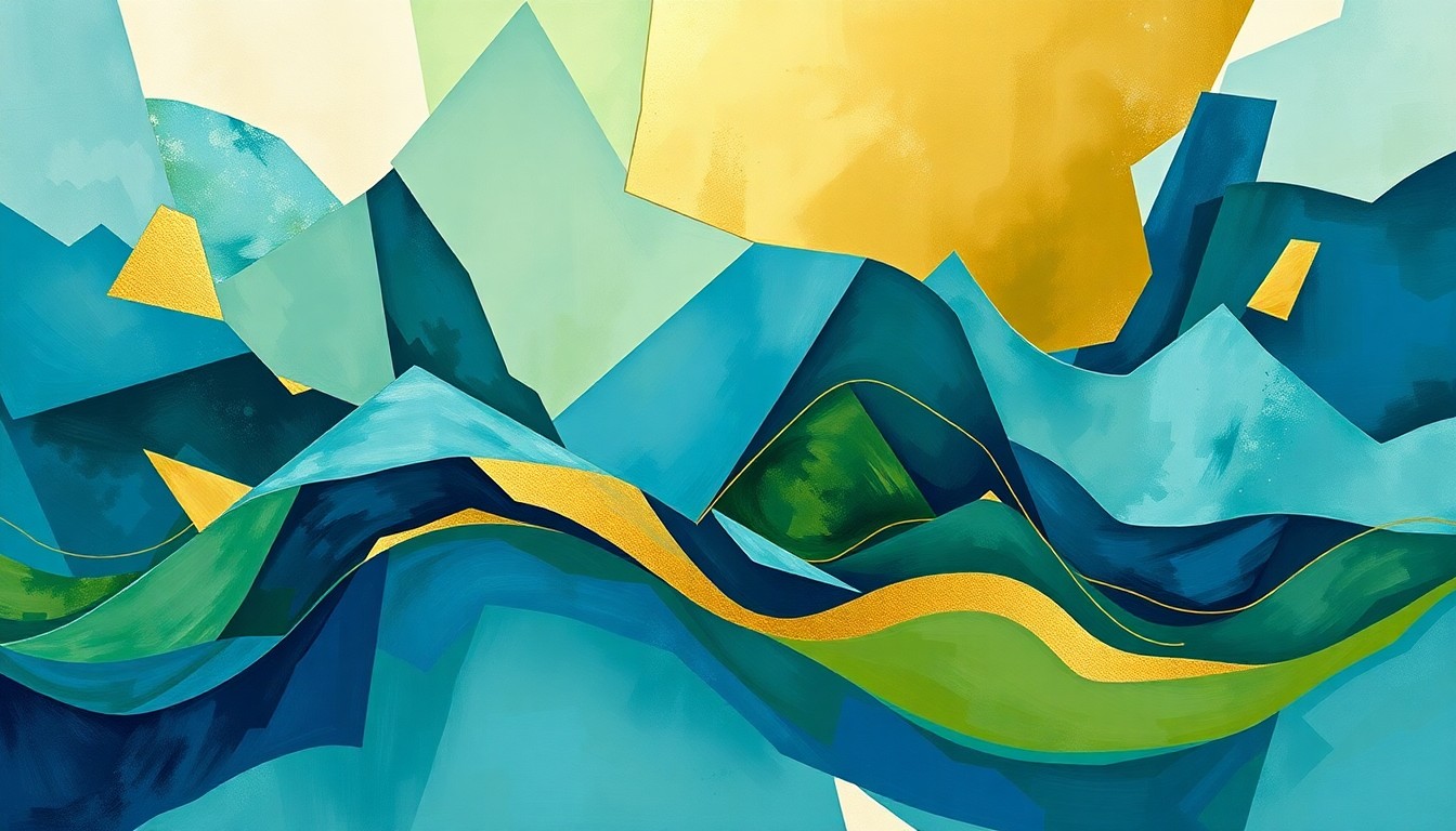 An abstract, fractured painting in shades of blue, green, and gold, with overlapping geometric shapes and waves of color, conceptually representing the discussion around basic income programs and their role in addressing economic challenges.