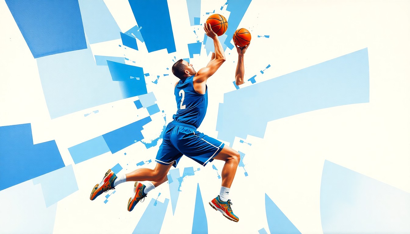 A fractured, geometric painting depicting the defensive movements and shot-blocking ability of a college basketball player, with sharp planes of vibrant blue and white colors.