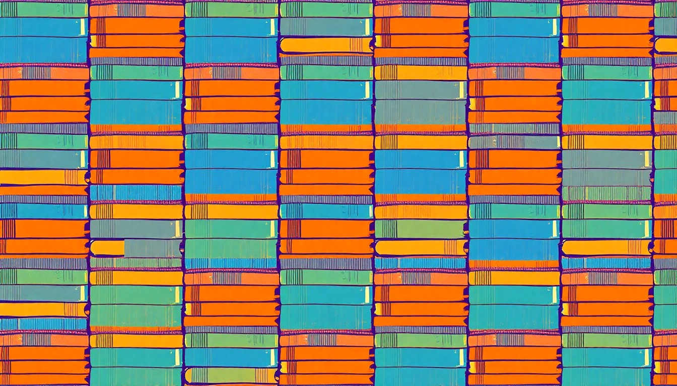 A vibrant, pop art-inspired illustration featuring a repeating grid of stylized book stacks in bold, contrasting colors, conceptually representing the wide range of academic disciplines and creative projects showcased at the Honors Project Symposium.