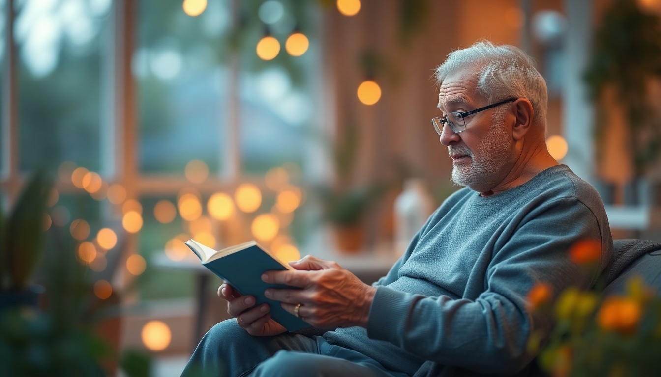 An extremely abstracted, out-of-focus photograph in warm, soft tones depicting an older adult engaged in a lifestyle activity, conveying a sense of comfort, freedom, and independence.