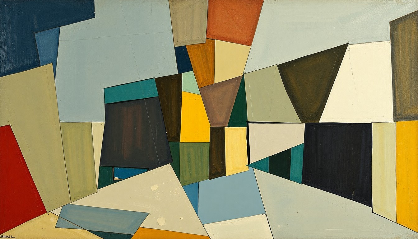 A cubist, geometric painting depicting fragmented and overlapping shapes in shades of blue, green, and orange, conceptually representing the tangled nature of the Russini-Vrabel scandal.