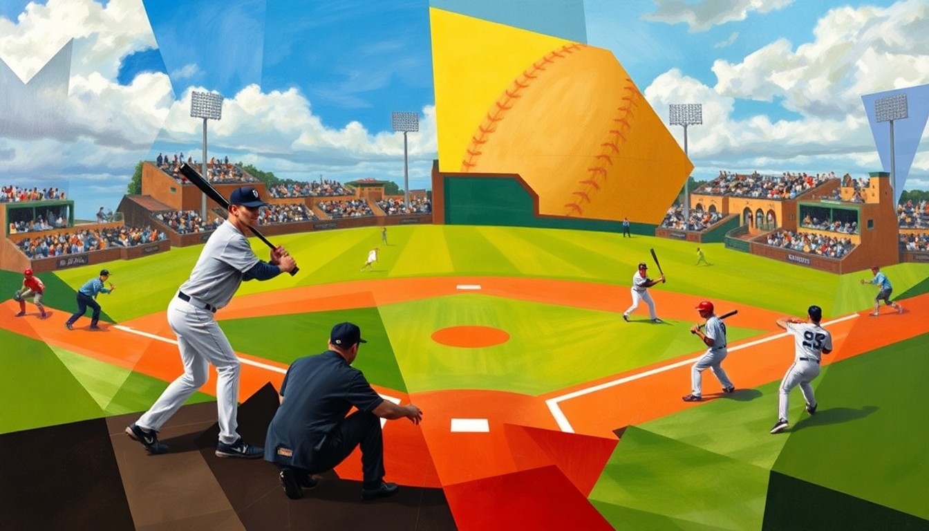 A cubist, geometric painting depicting a baseball game, with players and field elements fractured into overlapping planes of color and abstract shapes, capturing the dynamic and multifaceted nature of the Pirates' new offensive strategy.
