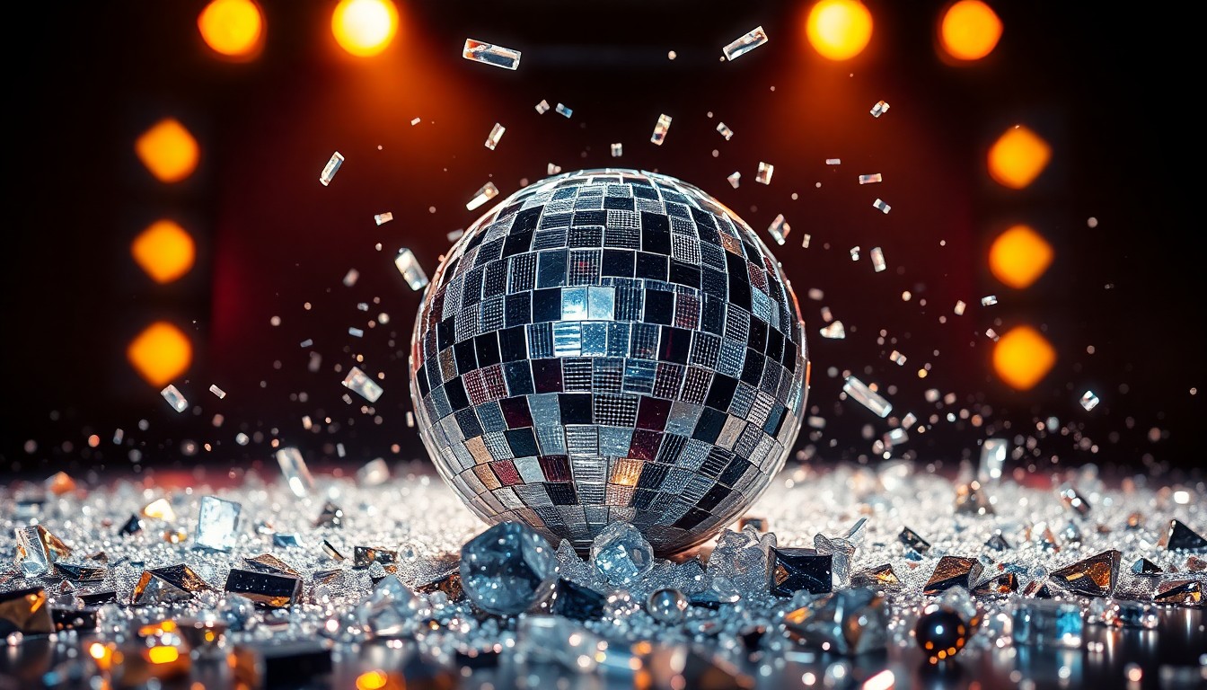 An abstract close-up photograph of shattered glass fragments reflecting dramatic studio lighting, conveying the high-energy glamour of an R&B concert tour.