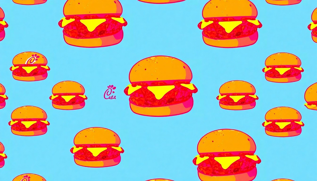 A highly stylized, pop art-inspired illustration featuring a Chick-fil-A chicken sandwich repeated in a grid pattern, with bold, vibrant colors and heavy black outlines, conceptually representing the inspiring story of a fast-food worker's integrity.