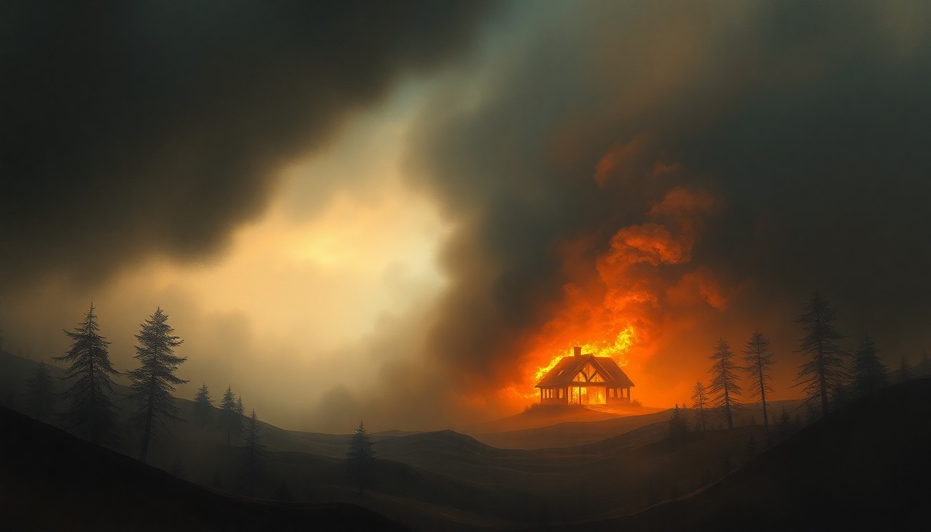 A sweeping, atmospheric landscape painting in muted tones, with a raging house fire visible in the distance, obscured by thick smoke and dramatic lighting that dwarfs the physical structure of the home.