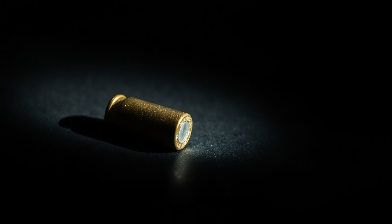 An extreme close-up photograph of a single spent bullet casing on a dark surface, lit by a harsh, direct camera flash, conceptually illustrating the gritty investigation into the Young Park shootout.