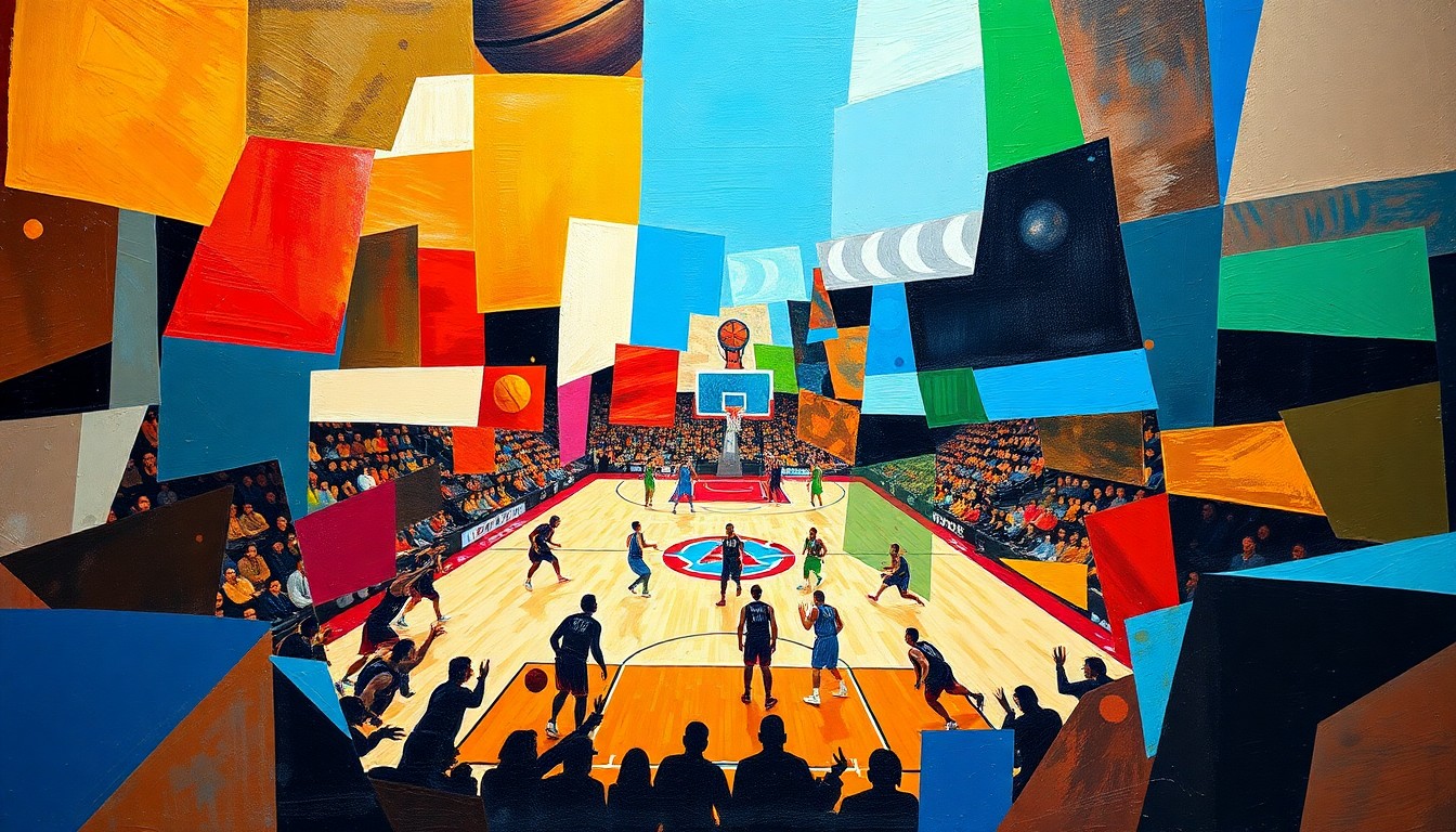 A cubist, geometric painting depicting a fragmented basketball game, with the players' forms broken down into abstract shapes and planes of vibrant colors against a fading background.