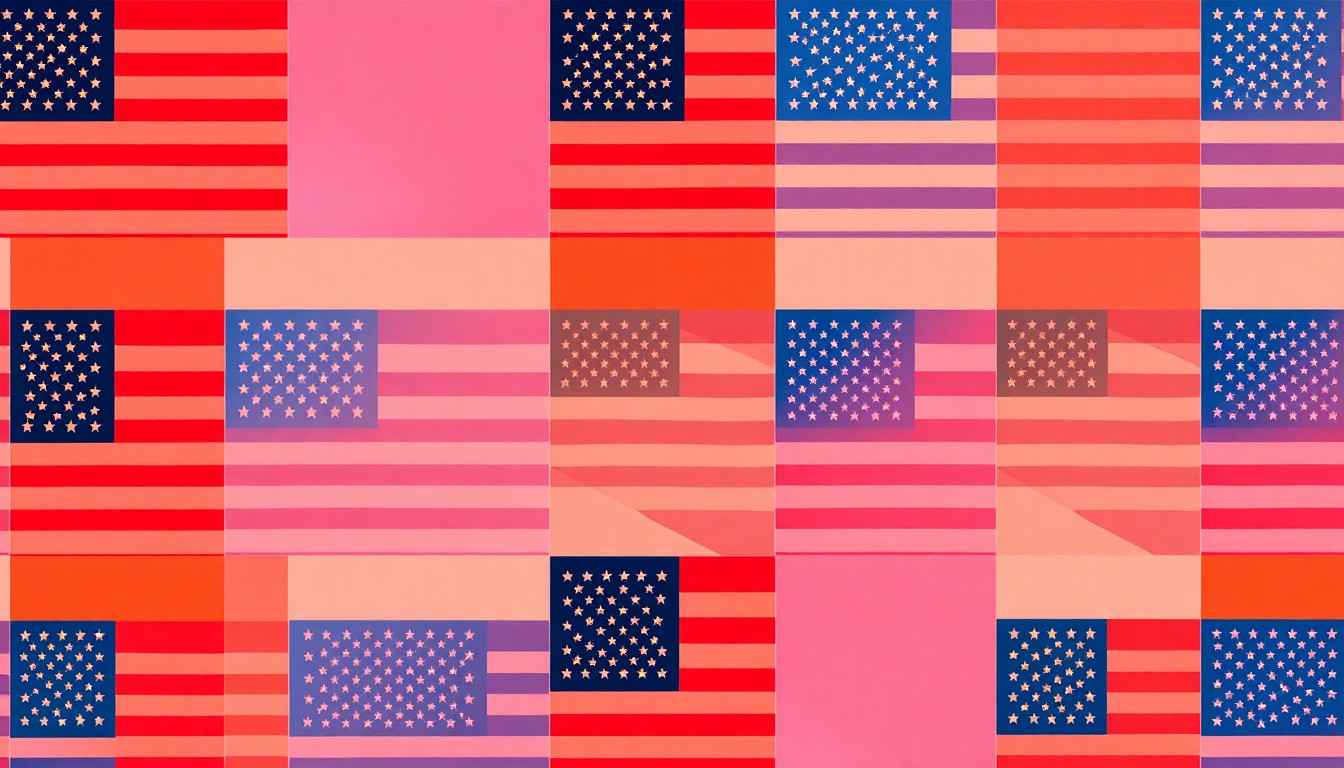 A bold, colorful silkscreen-style illustration featuring a repeated American flag icon in a grid pattern, conveying the patriotic and celebratory nature of the Freedom Truck Mobile Museum's educational mission.