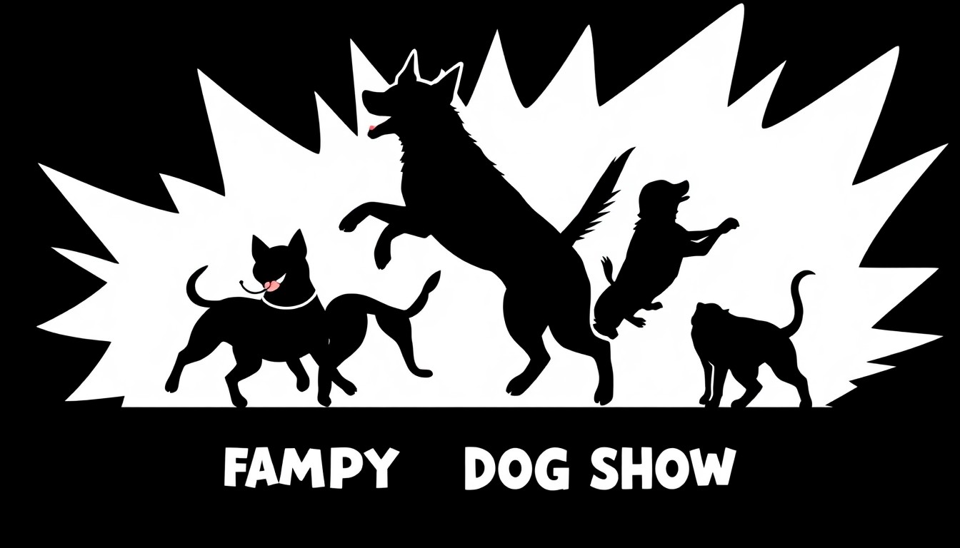 A striking black and white illustration featuring abstract, geometric shapes and silhouettes, conveying the lively and whimsical spirit of a stunt dog performance.