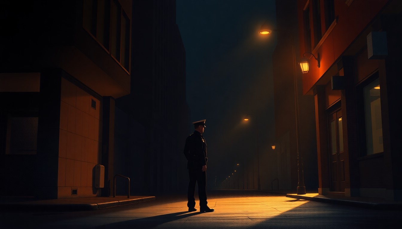 A moody, cinematic painting of a lone police officer standing on a shadowy urban street, the warm light casting dramatic shadows across the scene, conveying a sense of isolation and contemplation.
