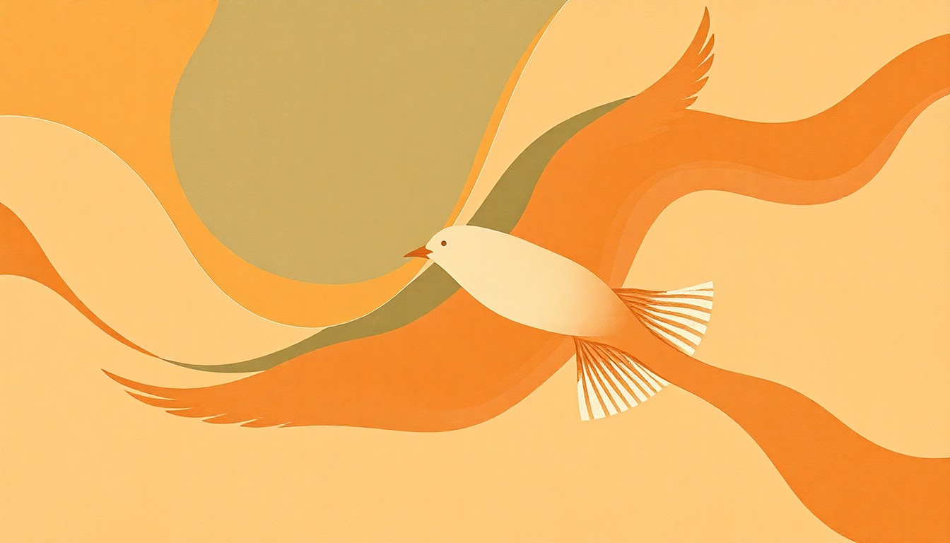 An abstract painting featuring sweeping arcs and organic shapes in earthy tones, conceptually representing the graceful flight path of a rare bird species.