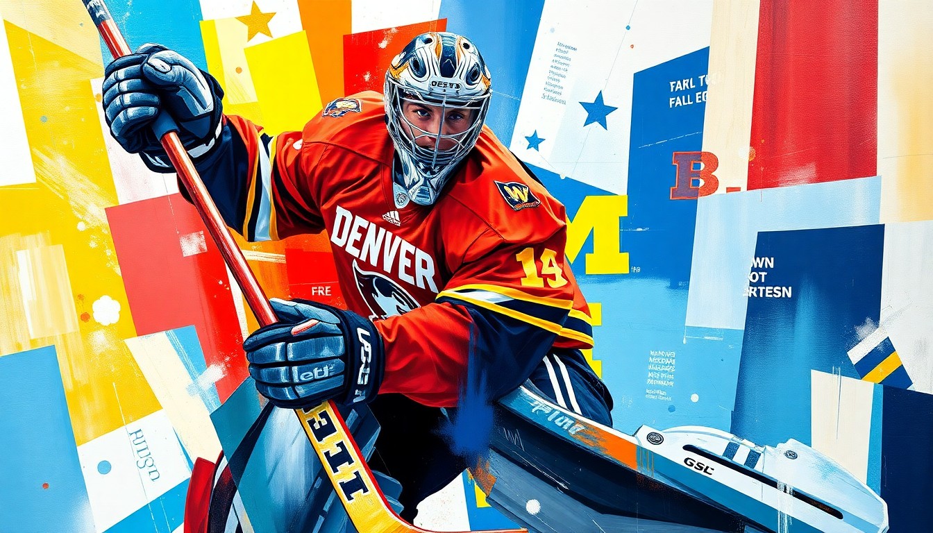 A fragmented, geometric painting depicting a hockey goaltender making a save, with sharp planes of color representing the players and action on the ice.