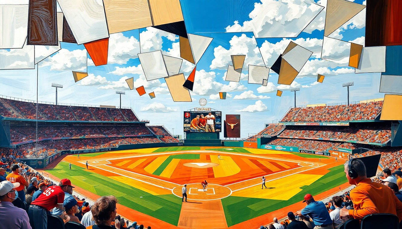 A fractured, multi-perspective painting in a cubist style, depicting a softball game between two teams through sharp, overlapping geometric shapes and planes of color, without any recognizable faces, logos or text.