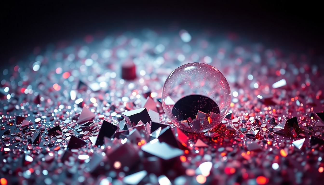 An extreme close-up of glittering sequins and shattered disco glass, captured in dramatic, high-contrast studio lighting to convey the glamorous, high-fashion aesthetic of the YSL Beauty Stage party.