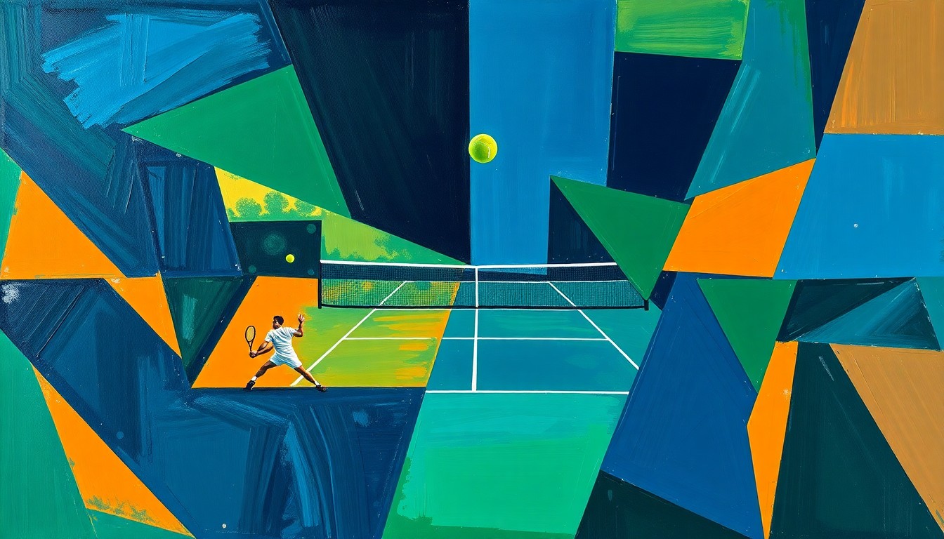 A fractured, geometric painting in navy, green, and orange hues depicting the dynamic movements and competitive spirit of a men's tennis match.
