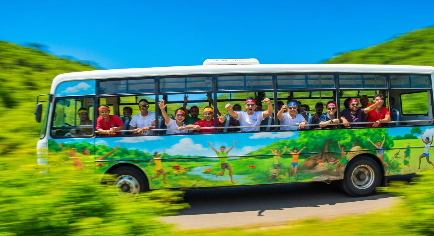 A blurred, high-speed image of a modified school bus in bright colors speeding through a rocky, red desert landscape, conceptually representing the challenges of navigating a difficult off-road trail.