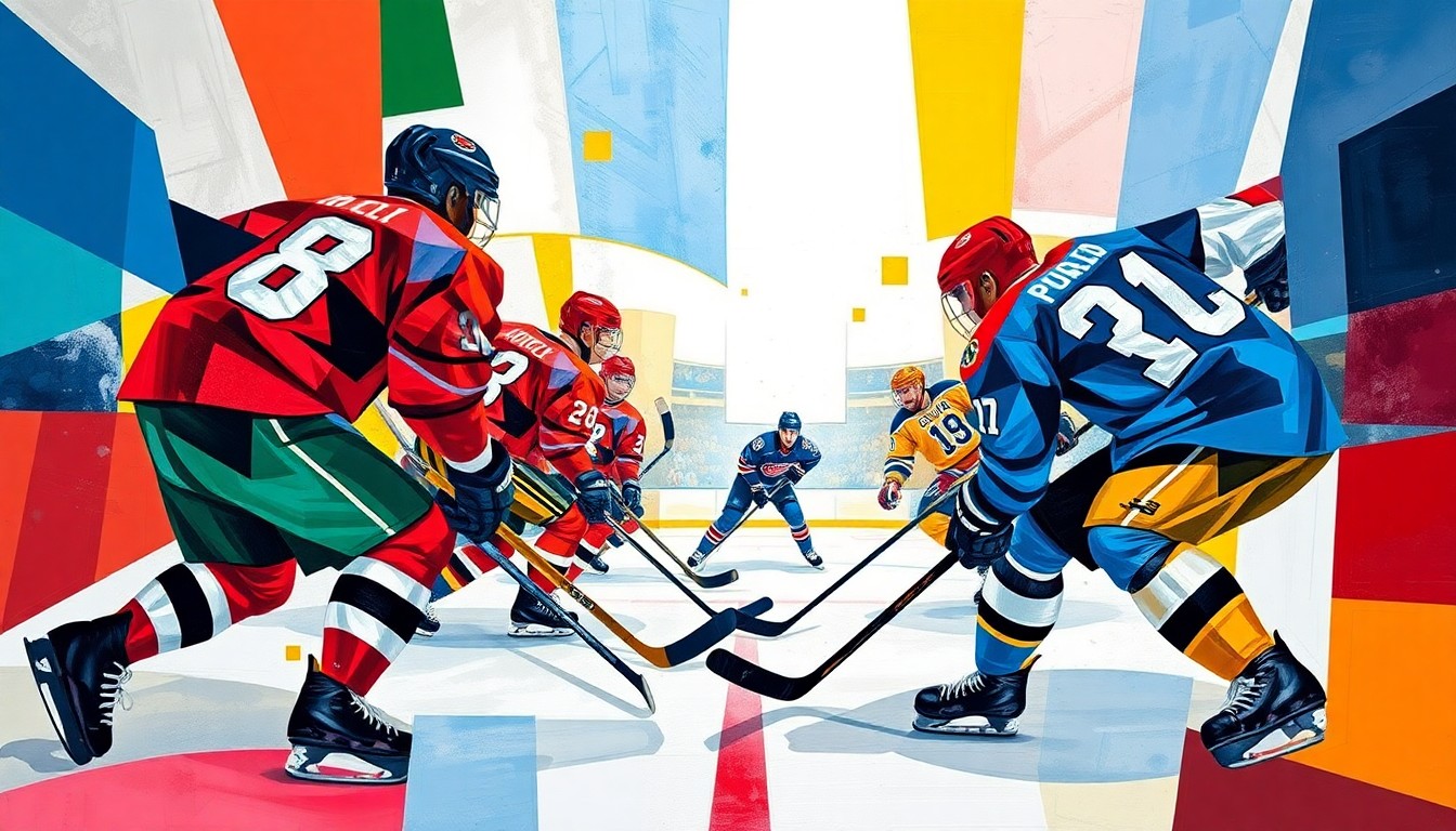 A cubist-style painting depicting a professional hockey game, with the players' forms broken down into overlapping geometric shapes in the team's colors, creating a dynamic and abstract visual representation of the sport.
