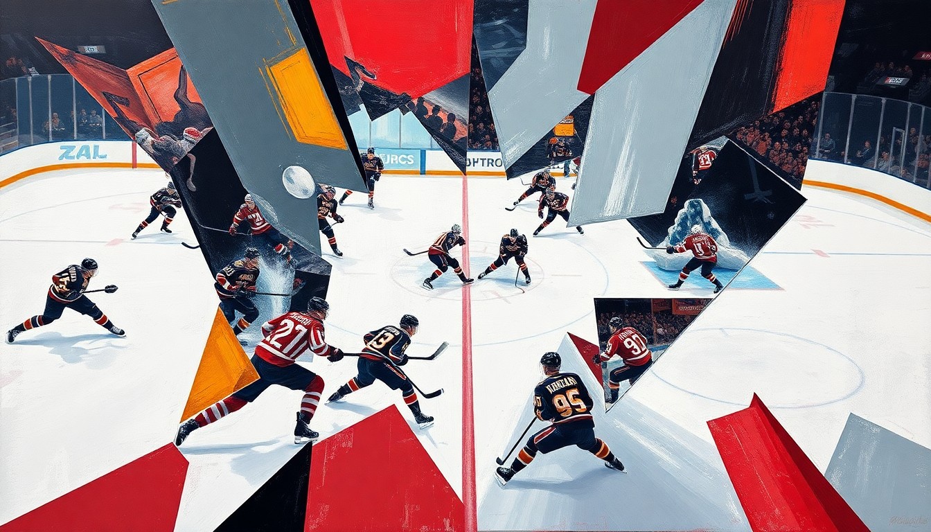A fractured, multi-perspective painting in a cubist style, with sharp geometric shapes and planes representing the players and action on the ice during a hockey game between the Laval Rocket and Calgary Wranglers. The image captures the intensity and chaos of the game, with the players and the action deconstructed into abstract forms.