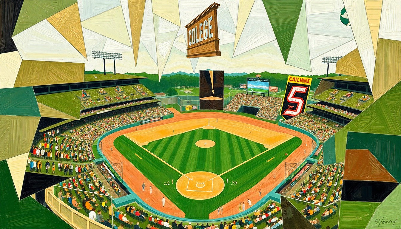 A cubist-style painting featuring overlapping geometric shapes and planes in shades of green, brown, and white, conceptually representing the chaotic action of a college baseball game.