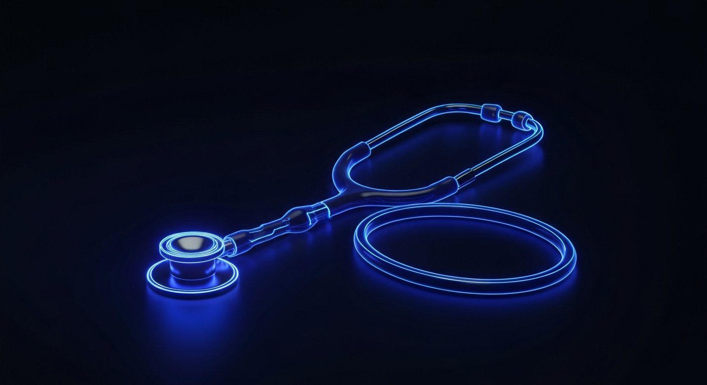 A glowing, neon outline of a medical stethoscope against a dark background, conceptually representing the uncertainty surrounding a healthcare organization's leadership change.