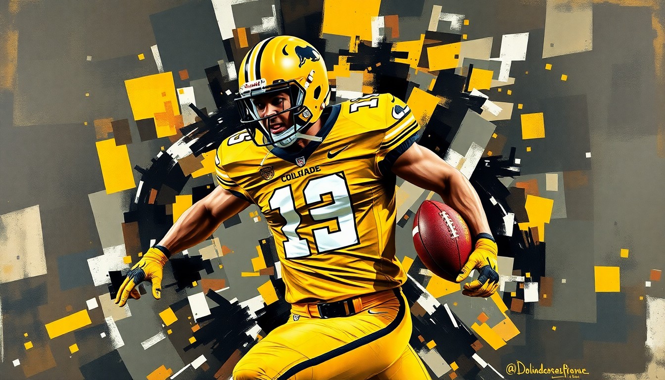 A cubist, geometric painting depicting a football player in motion, with overlapping planes of gold, black, and white colors representing the Colorado Buffaloes' uniform. The abstract, deconstructed style captures the dynamic energy and athleticism of the sport.