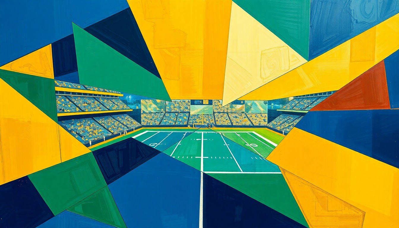 A cubist, geometric painting depicting a college football game, with sharp, overlapping planes of navy blue, gold, and emerald green representing the players, field, and stadium.