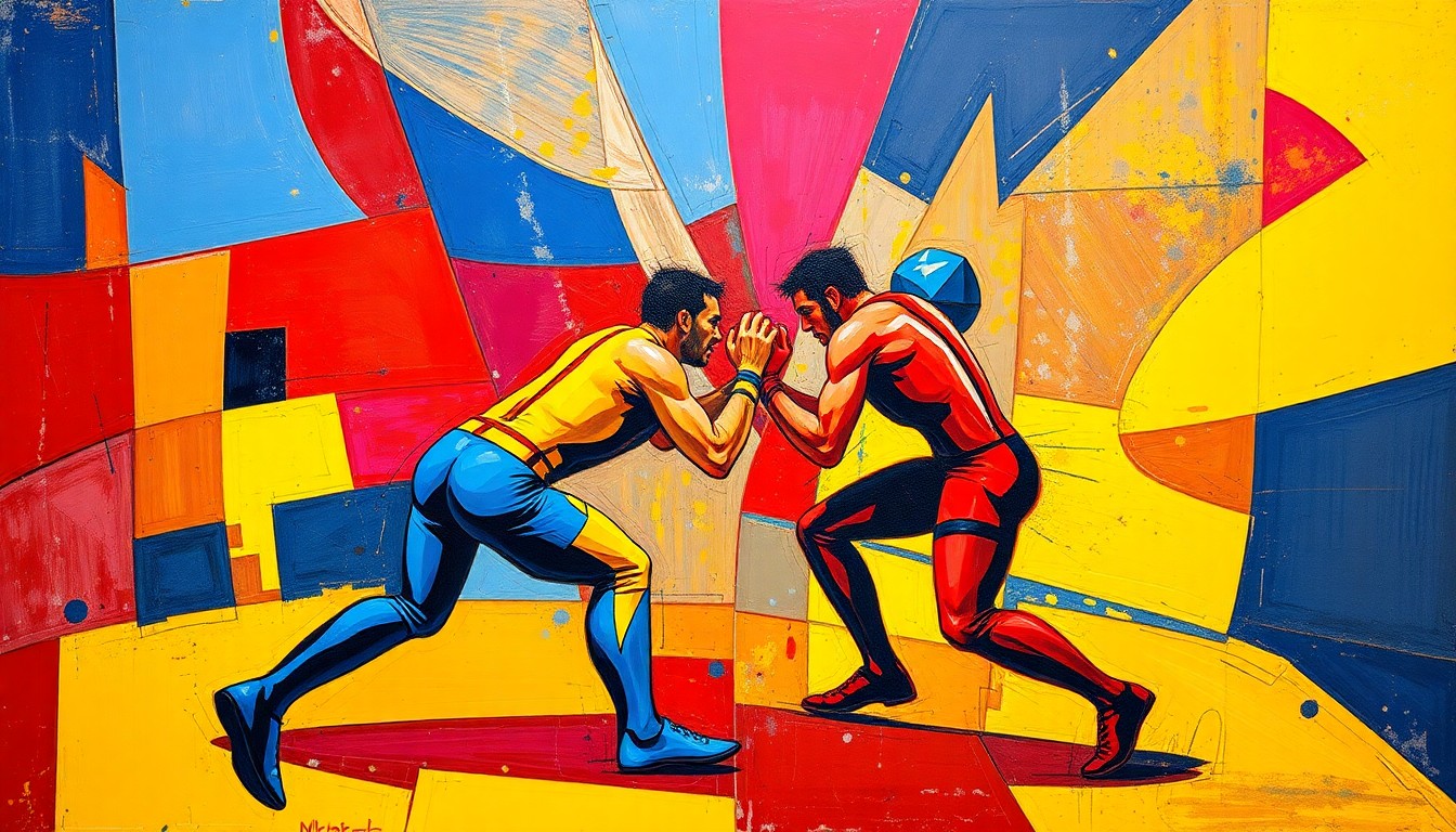 A fractured, cubist-style painting depicting a wrestling match or competition, with sharp, overlapping geometric planes in vibrant colors of red, blue, and yellow, conveying the dynamic and unpredictable nature of the sport.