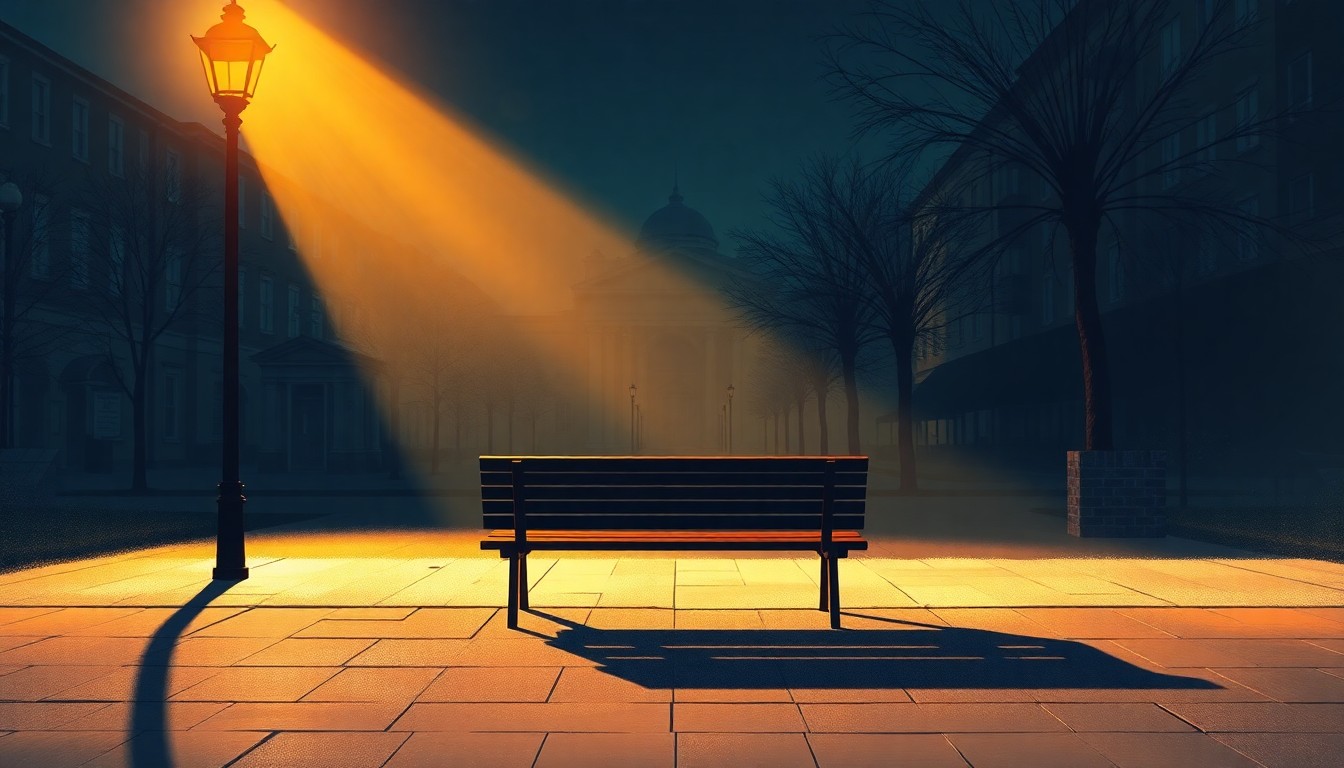A serene, cinematic painting of a solitary park bench in a public square, with warm sunlight casting deep shadows across the scene, conveying a sense of quiet contemplation about the complex issue of homelessness in urban areas.