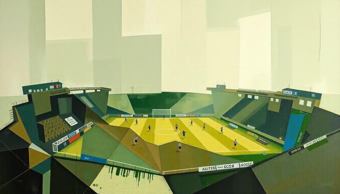 A fractured, cubist-style painting depicting a soccer match, with overlapping geometric shapes in muted earth tones representing the intensity and drama of the game.