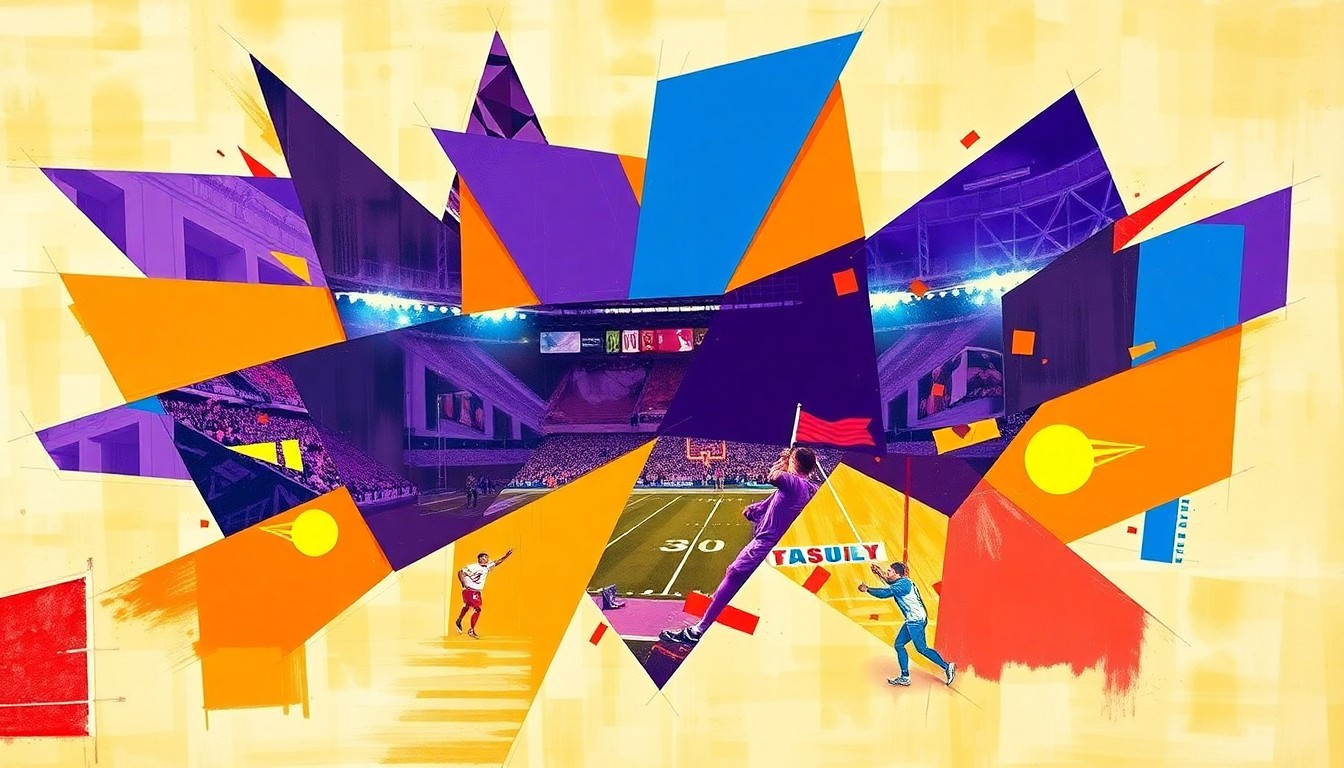 A fragmented, multi-angled painting depicting a football game or match, with the players and field broken down into sharp, overlapping geometric shapes in vibrant colors like deep purple, burnt orange, and electric blue, creating a sense of motion and energy.
