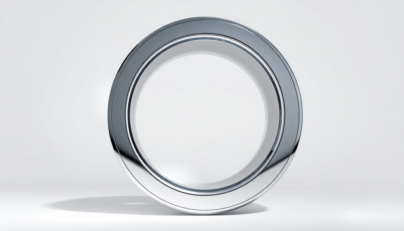 A photorealistic studio still-life image of a polished, chrome-plated washing machine or dryer drum, floating on a clean white background and dramatically lit from the side to highlight the reflective metallic surface.