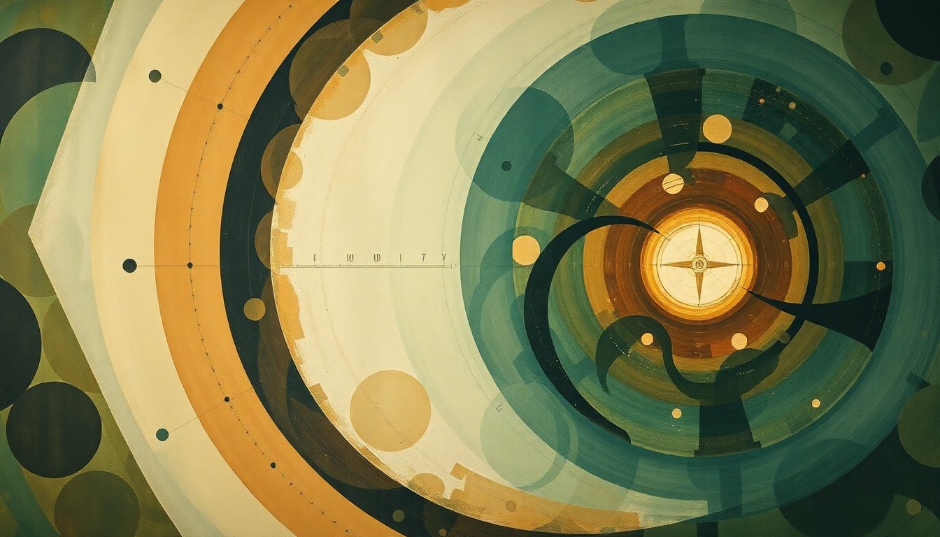 An abstract painting featuring sweeping geometric arcs, concentric circles, and intersecting waveforms in earthy tones of green, brown, and blue, representing the complex scientific forces and concepts that have driven the work of Sandia National Laboratories researchers Edward Cole and Charles Hanley.