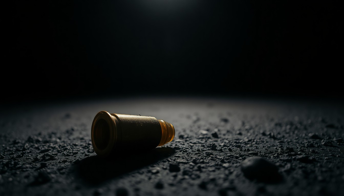 An extreme close-up photograph of a spent shell casing on a dark, gritty surface, conceptually illustrating the aftermath of a violent crime incident.