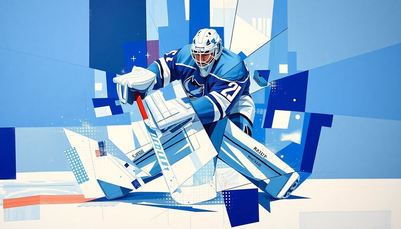 A cubist, geometric painting depicting a hockey goaltender making a save, with sharp, overlapping planes of color representing the dynamic action of the play.