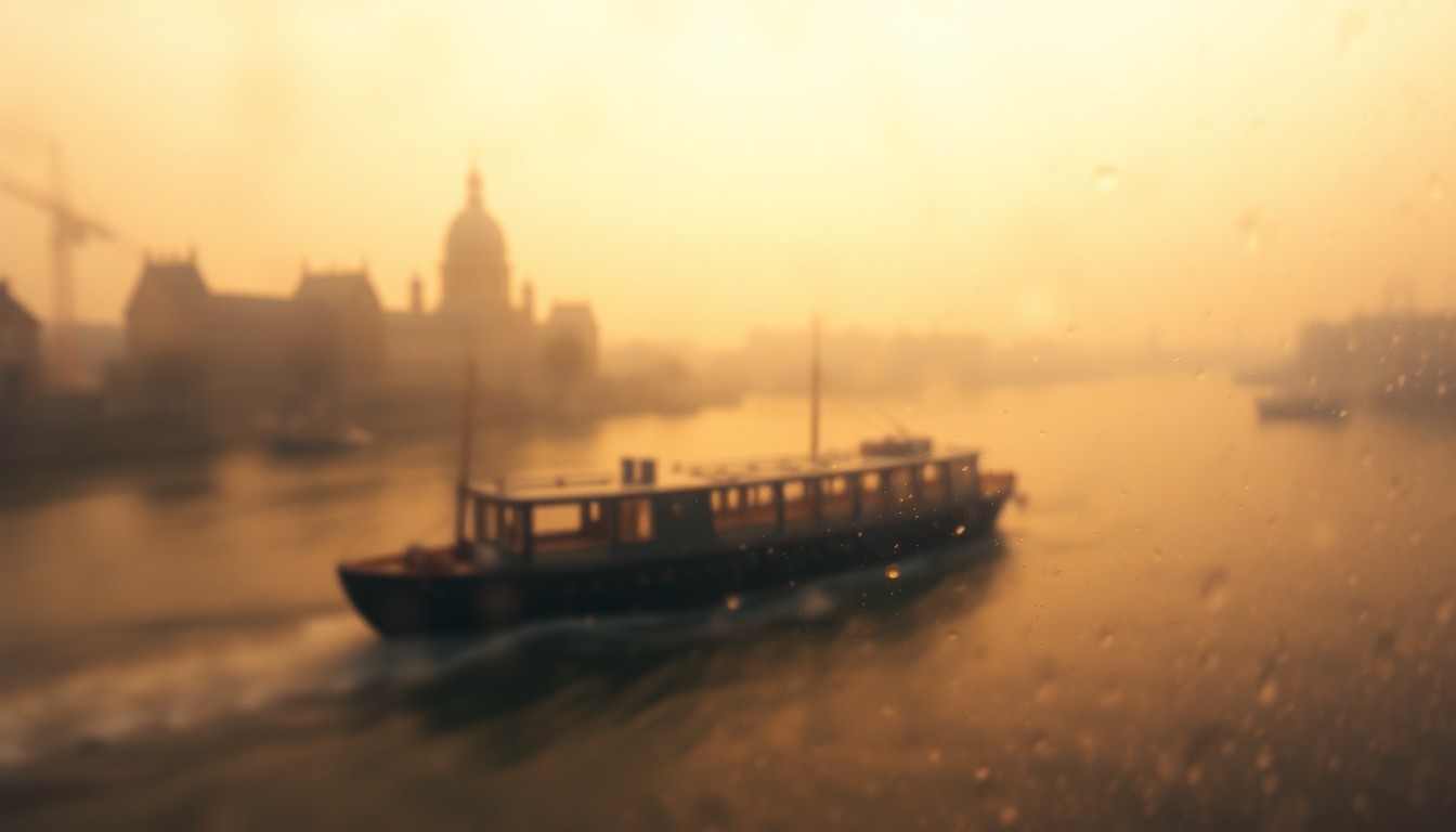 An extremely blurred, impressionistic photograph showing the faint outline of a historic canal boat sailing through a soft, golden-hued landscape, conveying a sense of nostalgia and the timeless allure of the Erie Canal.