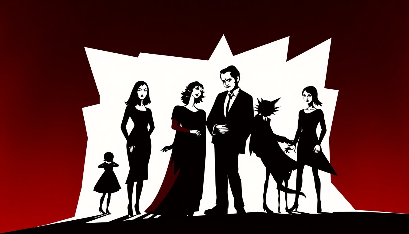 A striking abstract illustration featuring bold black silhouettes of the Addams Family characters against a vibrant red and white background, conceptually representing the supernatural mystery and ensemble cast of the Netflix series 'Wednesday'.