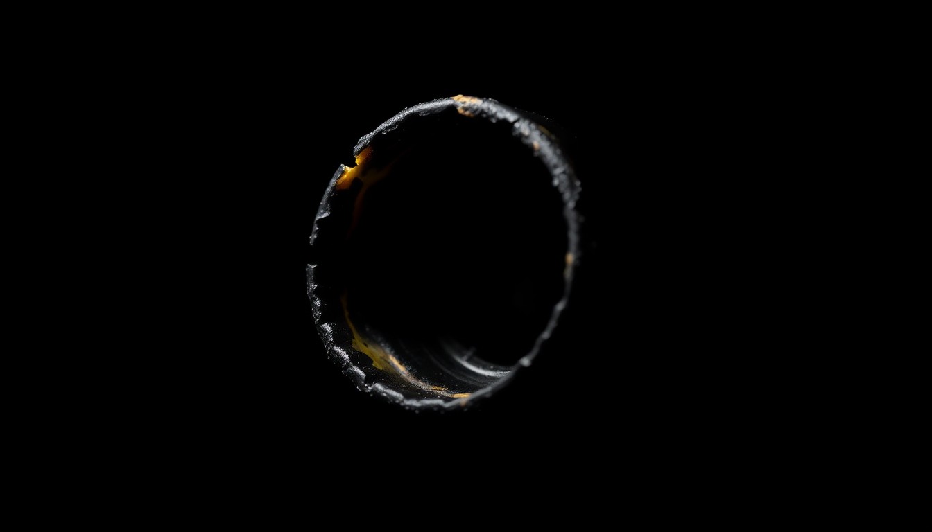An extreme close-up photograph of a charred, melted plastic bottle cap against a pitch-black background, conveying the aftermath of a suspected Molotov cocktail attack without depicting any actual violence or victims.