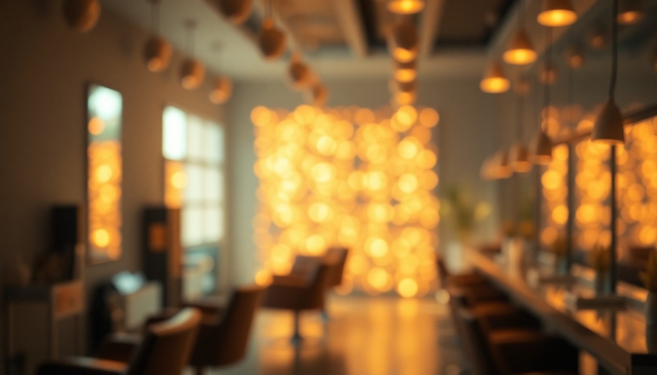 An abstract, impressionistic scene of blurred, glowing light in warm tones, conveying the serene, luxurious atmosphere of a high-end hair salon.
