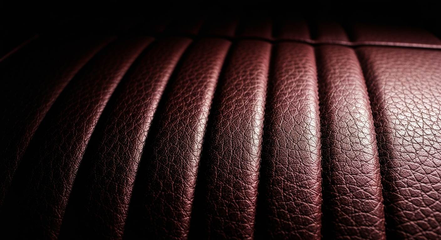 An extreme close-up of a finely textured, pebbled leather car interior, with the material's intricate patterns and rich colors filling the frame to conceptually represent the attention to detail and craftsmanship at Motor Works.