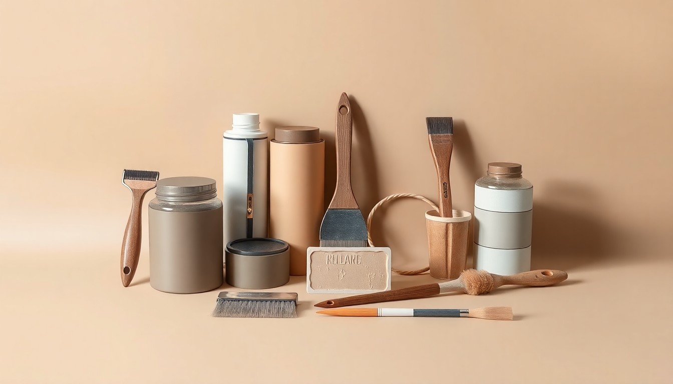 A high-end studio photograph featuring an elegant arrangement of painting brushes, rollers, and other supplies in muted earth tones, conveying the craftsmanship and attention to detail of a local painting business.