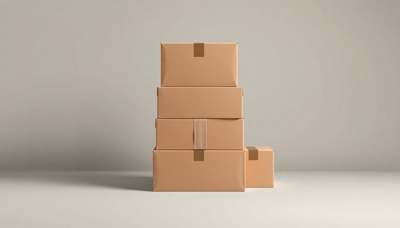 A high-end, photorealistic studio still-life featuring a stack of premium cardboard shipping boxes in muted earth tones, conceptually representing the streamlined logistics and shipping services offered by the new company.