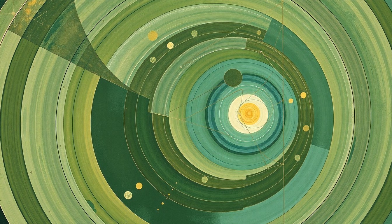 A bold, abstract painting featuring sweeping geometric arcs, concentric circles, and precise spirals in earthy tones of green, blue, and brown, conceptually representing the complex scientific forces and concepts driving space exploration.