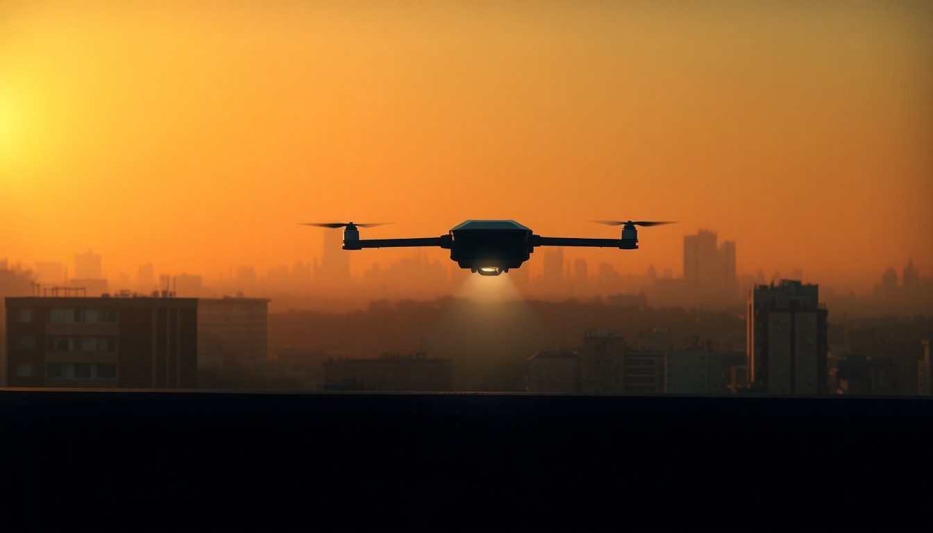 A cinematic painting depicting a solitary anti-drone laser device in the foreground, its metallic surface reflecting the warm, golden light of the sun. The device is set against a hazy, urban skyline in the background, creating a sense of quiet contemplation and the tension between emerging technology and the need for aviation safety.