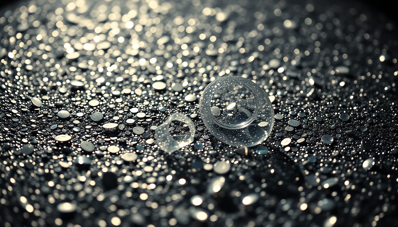 An abstract close-up image of glittering sequins and shattered glass, conveying the glamour and tragedy of Michael Jackson's life through dramatic lighting and texture.